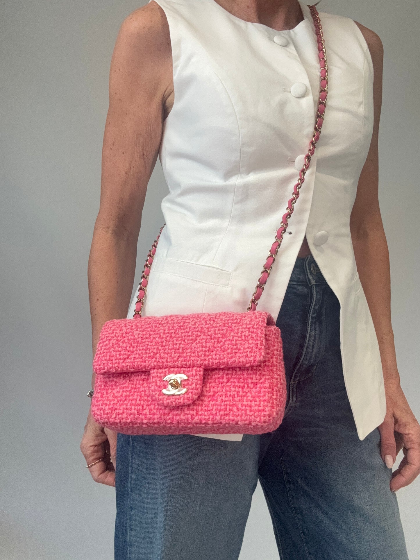Chanel Tweed Quilted Mini Rectangular Flap Bag - Pink