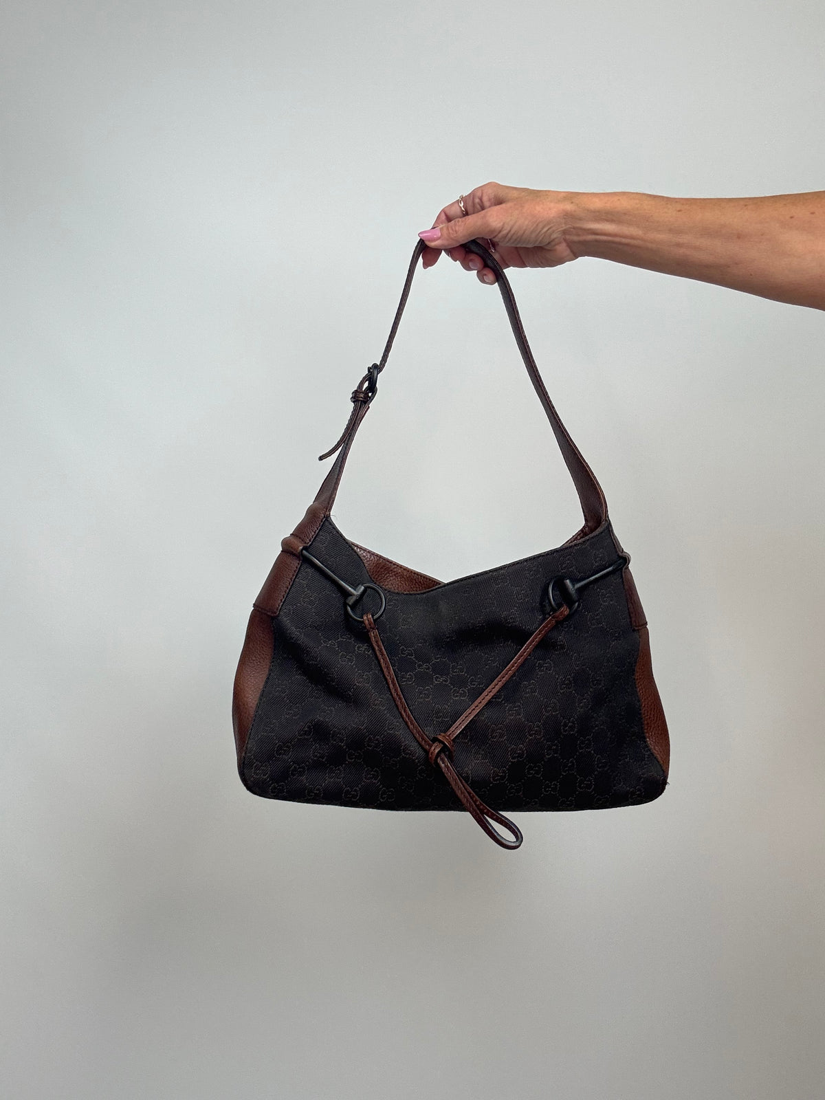 Gucci GG Denim Drawstring Horsebit Hobo — Brown