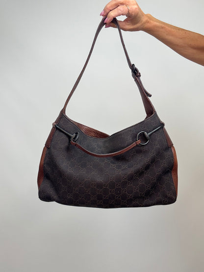 Gucci GG Denim Drawstring Horsebit Hobo — Brown