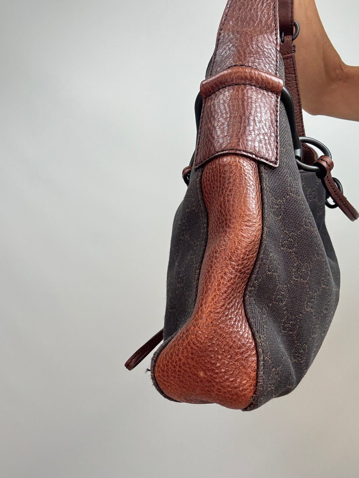 Gucci GG Denim Drawstring Horsebit Hobo — Brown