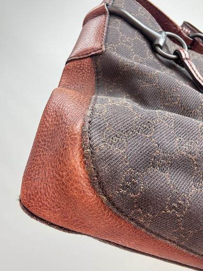 Gucci GG Denim Drawstring Horsebit Hobo — Brown