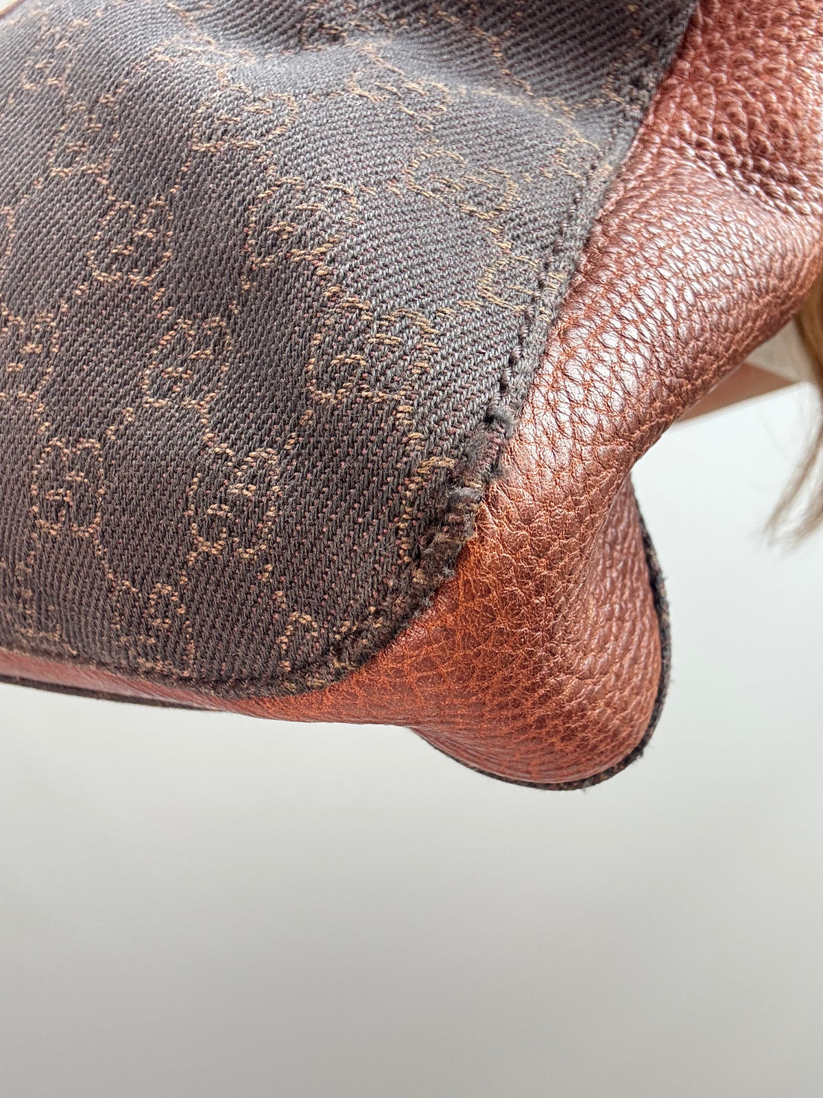 Gucci GG Denim Drawstring Horsebit Hobo — Brown
