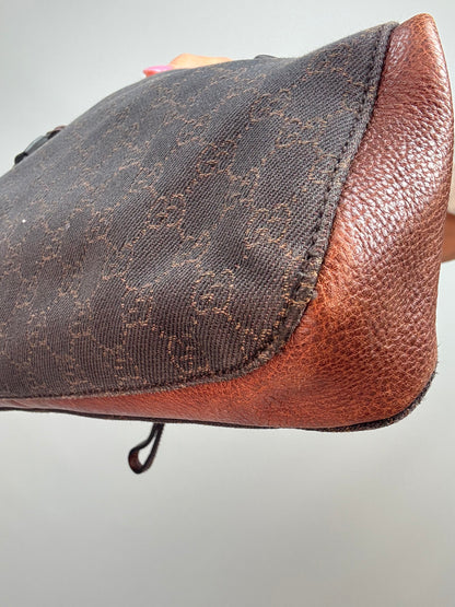 Gucci GG Denim Drawstring Horsebit Hobo — Brown