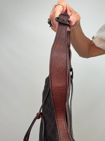 Gucci GG Denim Drawstring Horsebit Hobo — Brown