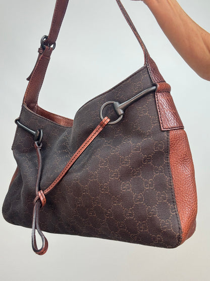 Gucci GG Denim Drawstring Horsebit Hobo — Brown