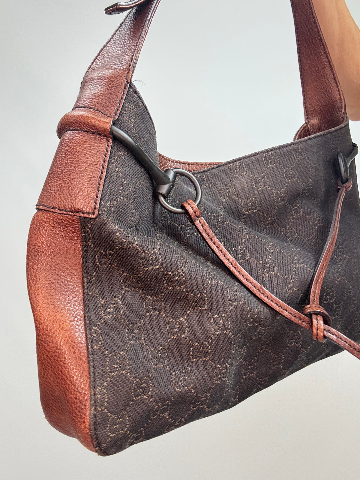 Gucci GG Denim Drawstring Horsebit Hobo — Brown