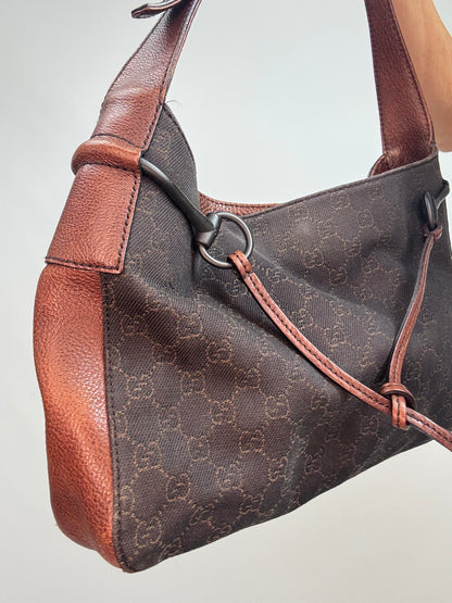 Gucci GG Denim Drawstring Horsebit Hobo — Brown