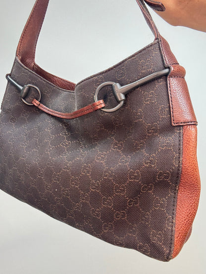 Gucci GG Denim Drawstring Horsebit Hobo — Brown