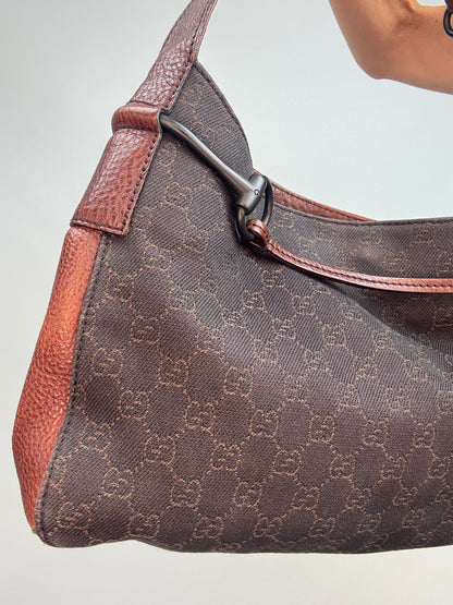 Gucci GG Denim Drawstring Horsebit Hobo — Brown