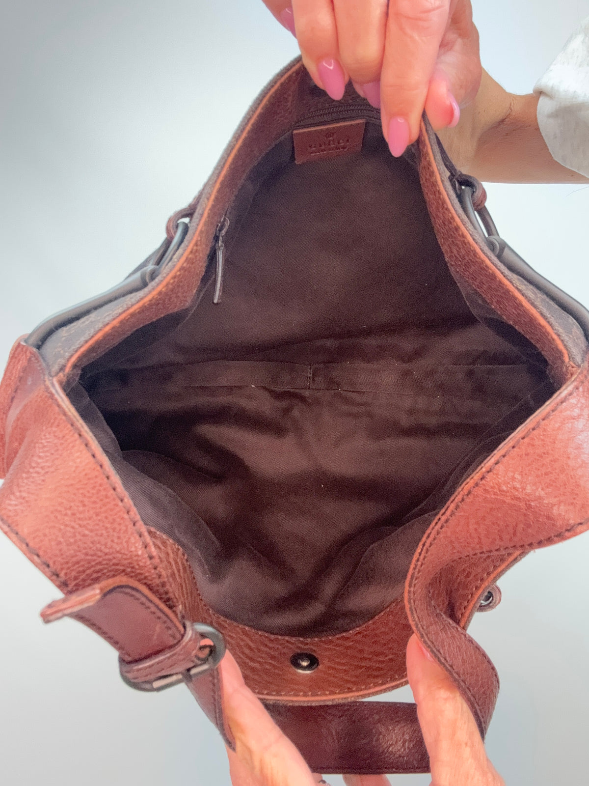 Gucci GG Denim Drawstring Horsebit Hobo — Brown