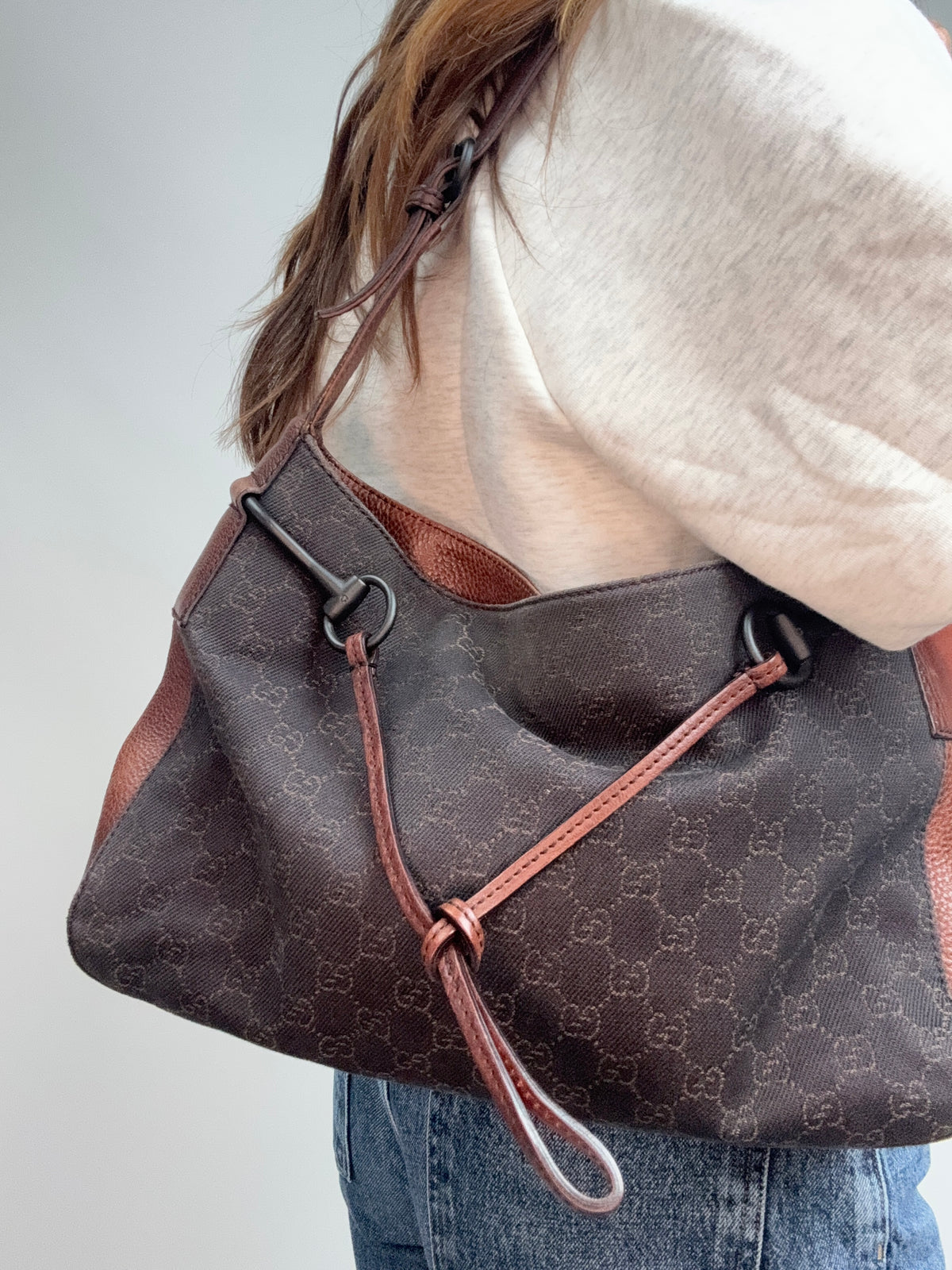 Gucci GG Denim Drawstring Horsebit Hobo — Brown