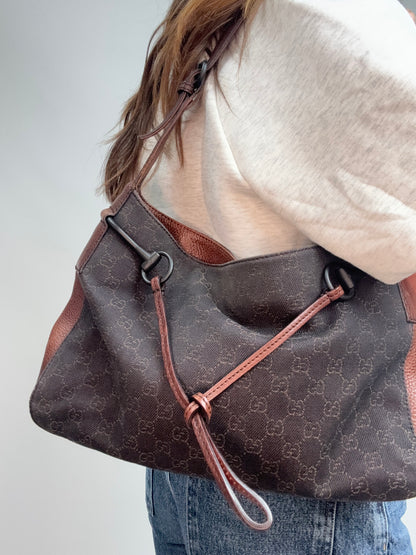 Gucci GG Denim Drawstring Horsebit Hobo — Brown