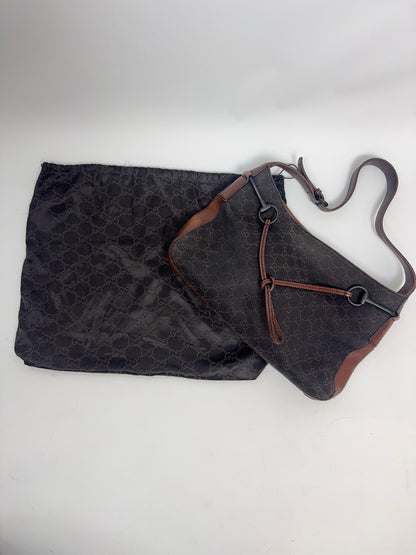 Gucci GG Denim Drawstring Horsebit Hobo — Brown