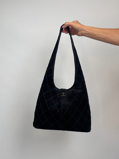 Chanel Vintage Black Quilted Suede Hobo — 2000–2002