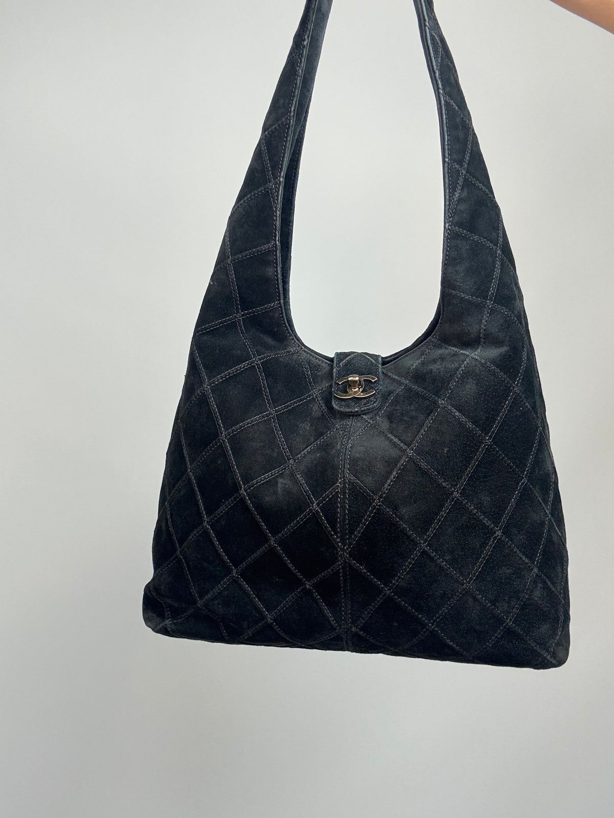 Chanel Vintage Black Quilted Suede Hobo — 2000–2002