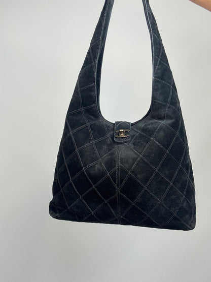 Chanel Vintage Black Quilted Suede Hobo — 2000–2002