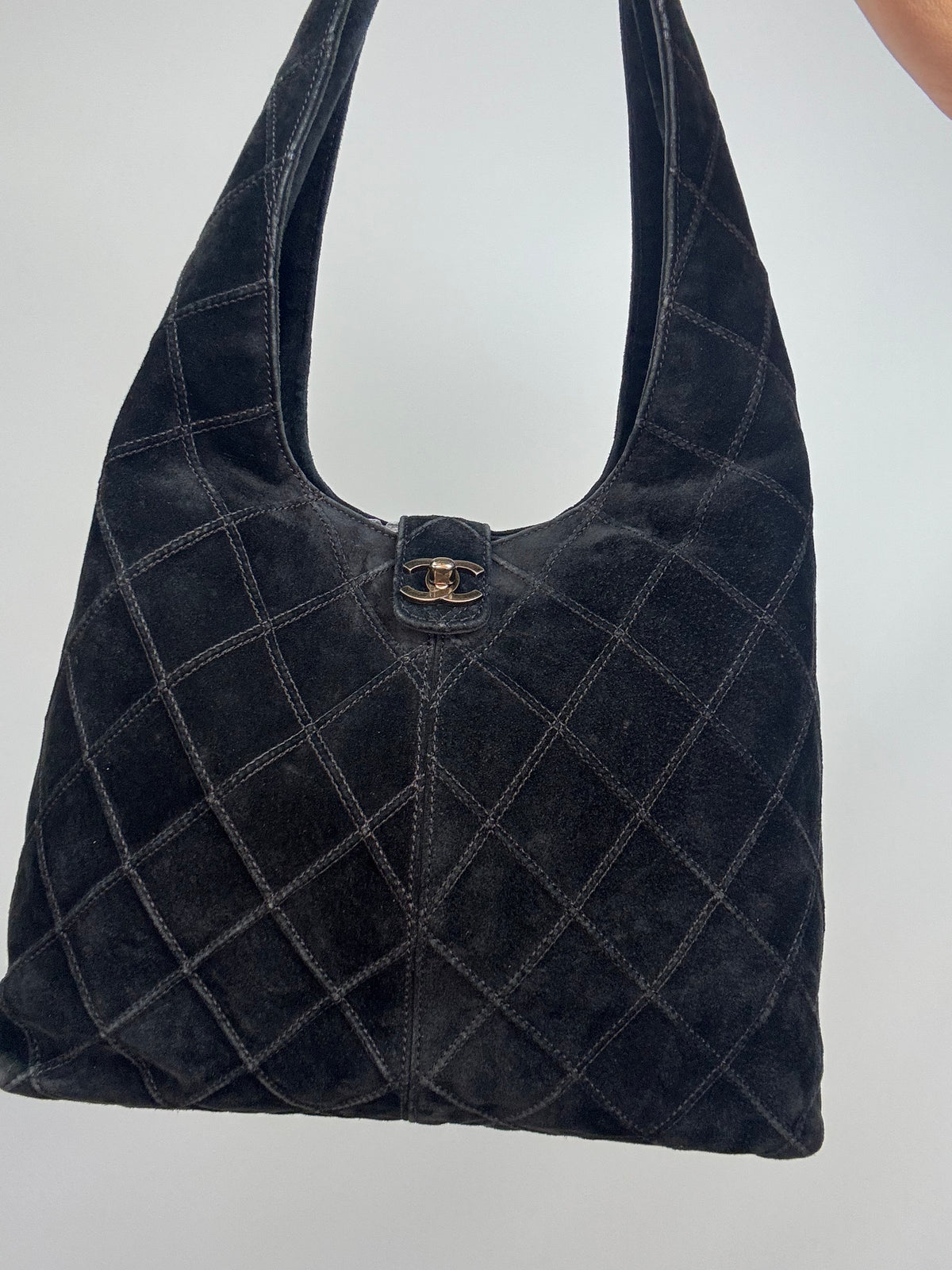Chanel Vintage Black Quilted Suede Hobo — 2000–2002