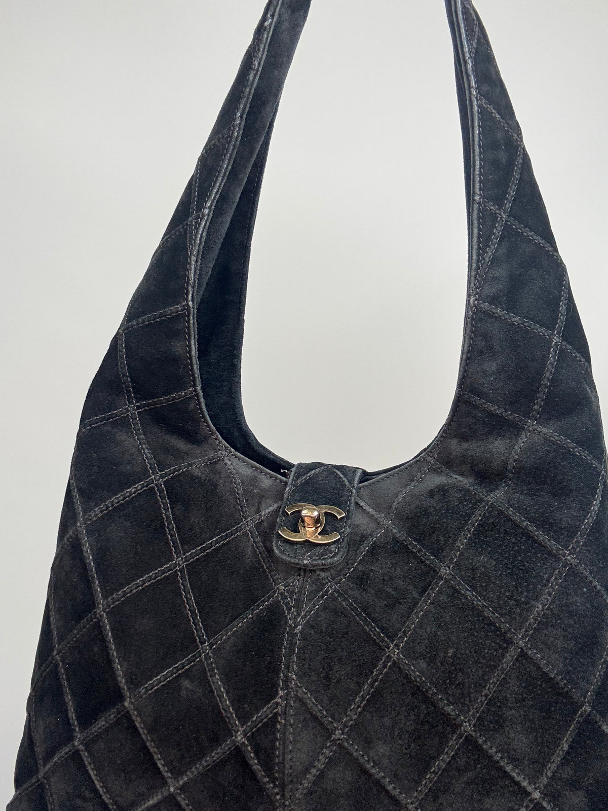 Chanel Vintage Black Quilted Suede Hobo — 2000–2002