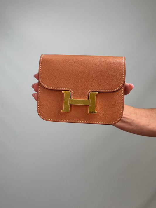 Hermès Constance Slim Belt Wallet — Gold Leather with Gold Hardware