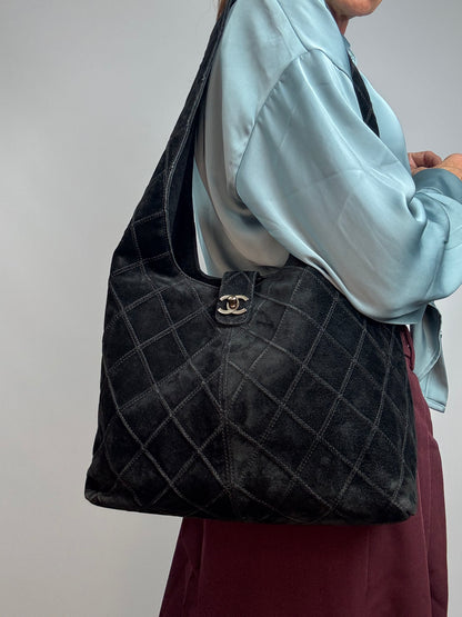 Chanel Vintage Black Quilted Suede Hobo — 2000–2002