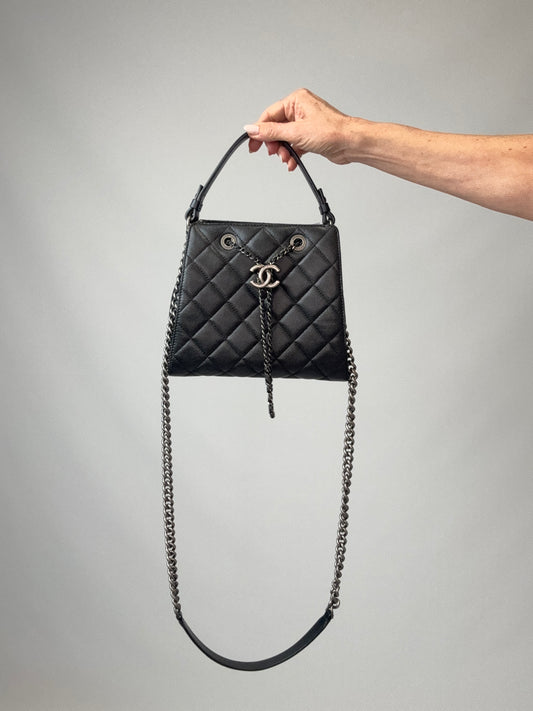 Chanel Small CC Bucket Bag – Black Caviar Leather & Silver Hardware