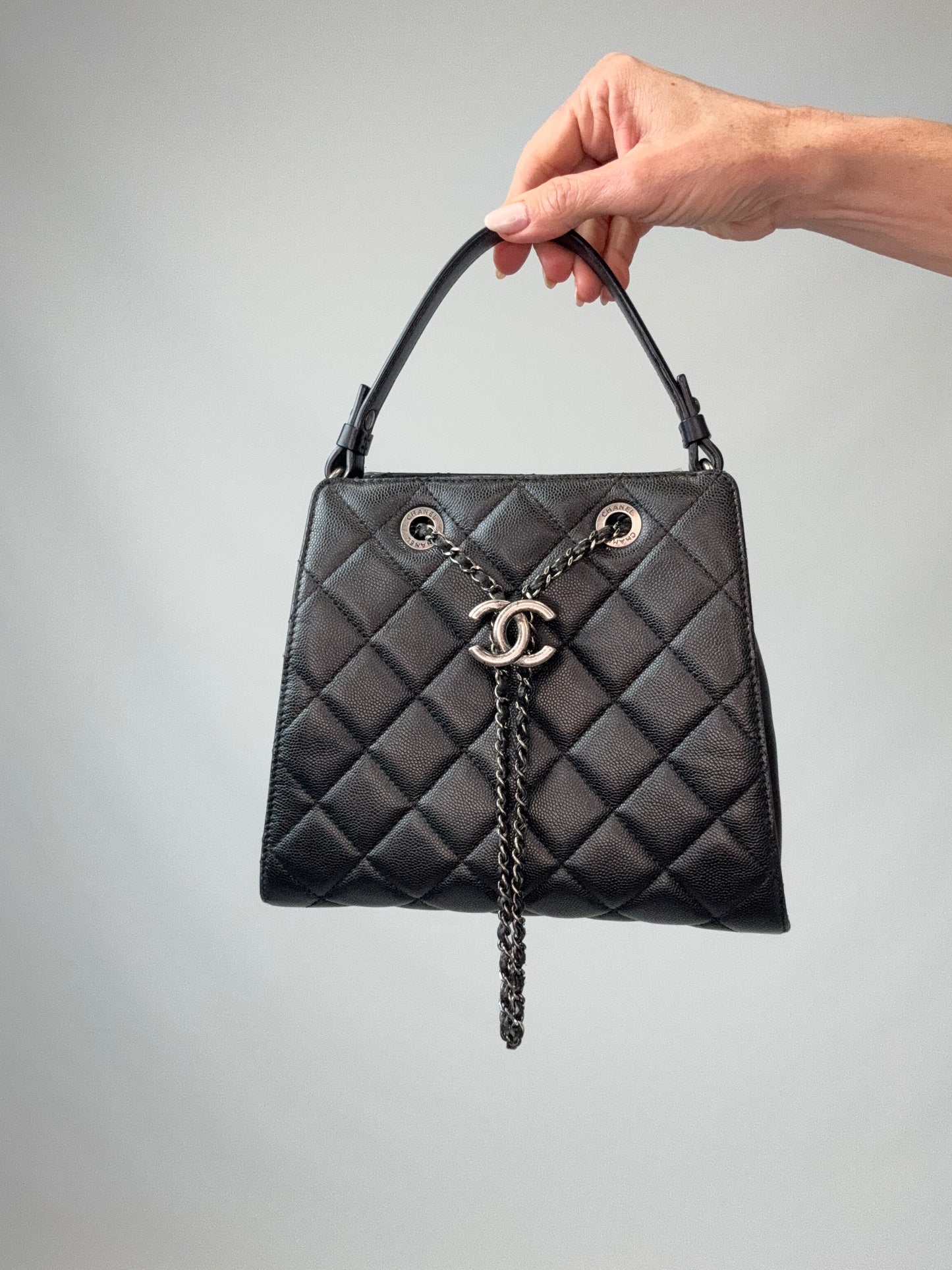 Chanel Small CC Bucket Bag – Black Caviar Leather & Silver Hardware