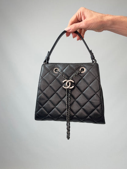 Chanel Small CC Bucket Bag – Black Caviar Leather & Silver Hardware