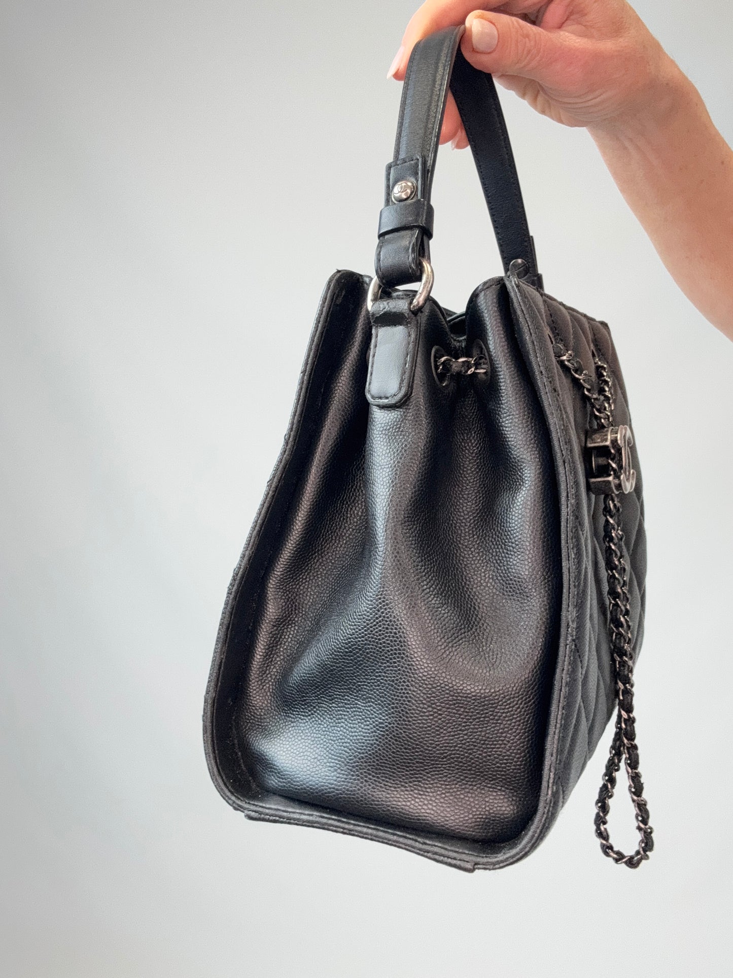 Chanel Small CC Bucket Bag – Black Caviar Leather & Silver Hardware