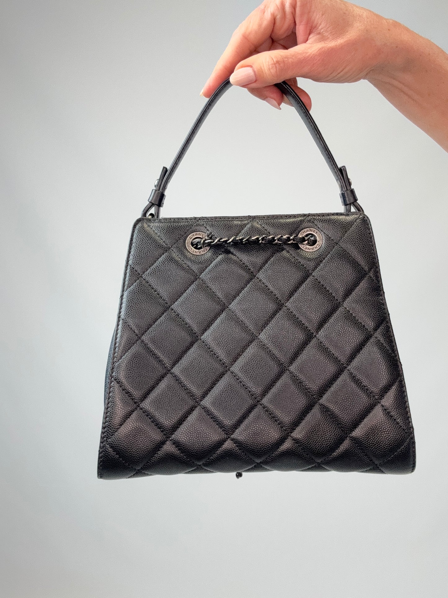 Chanel Small CC Bucket Bag – Black Caviar Leather & Silver Hardware