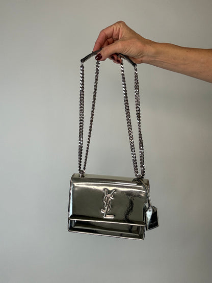 SAINT LAURENT PARIS Sunset Small Shoulder Bag Silver Patent Leather