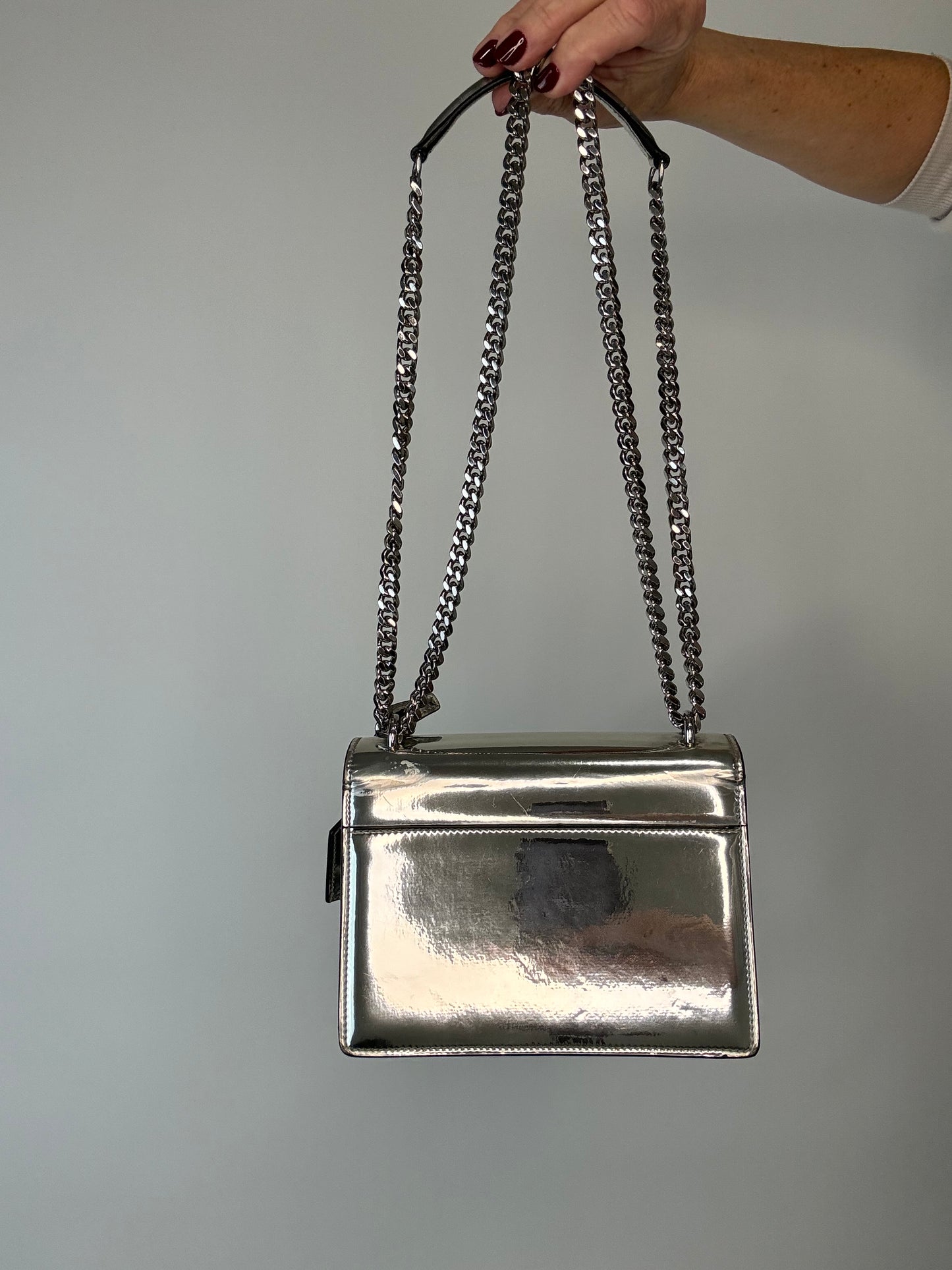 SAINT LAURENT PARIS Sunset Small Shoulder Bag Silver Patent Leather