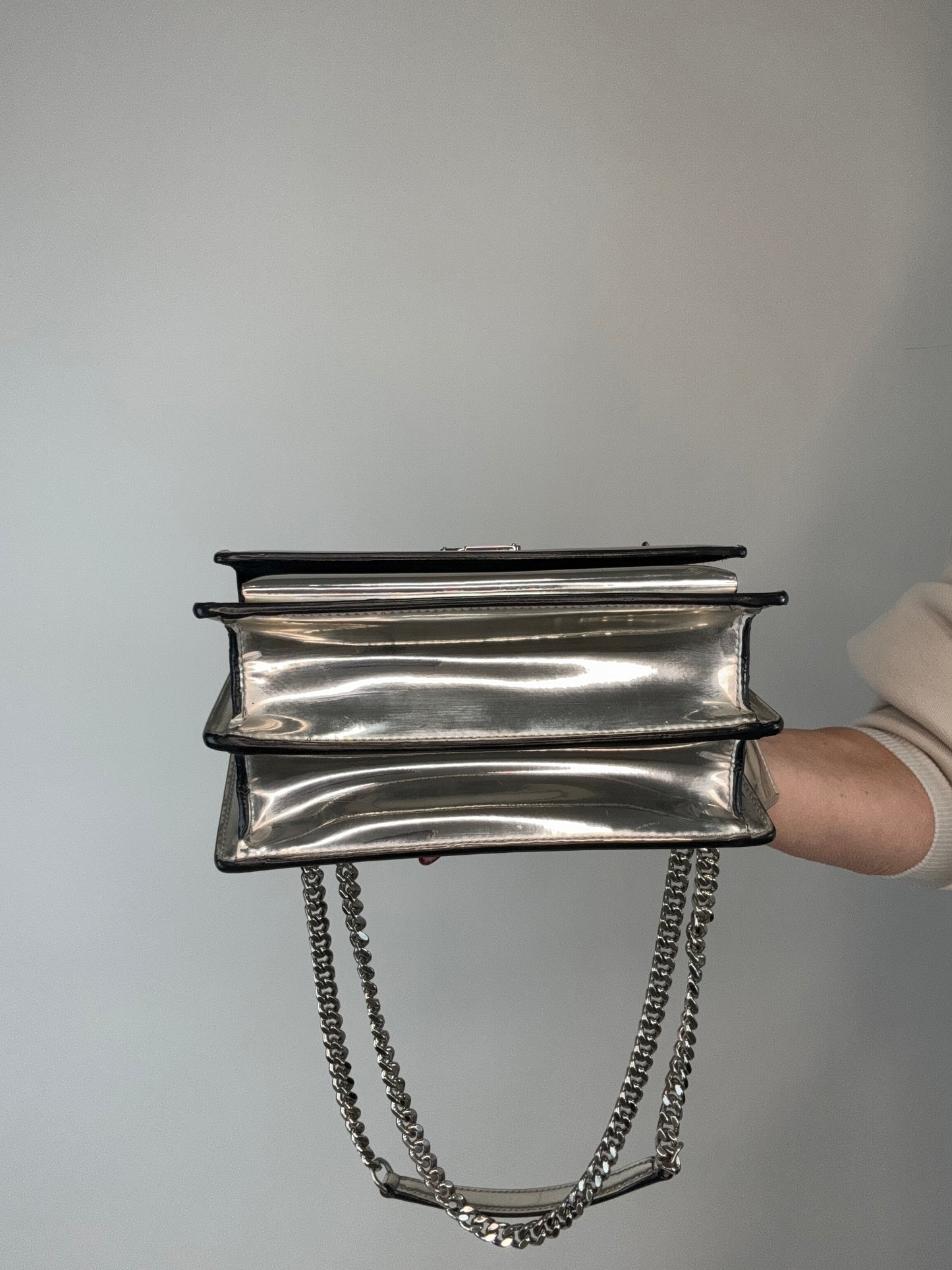 SAINT LAURENT PARIS Sunset Small Shoulder Bag Silver Patent Leather