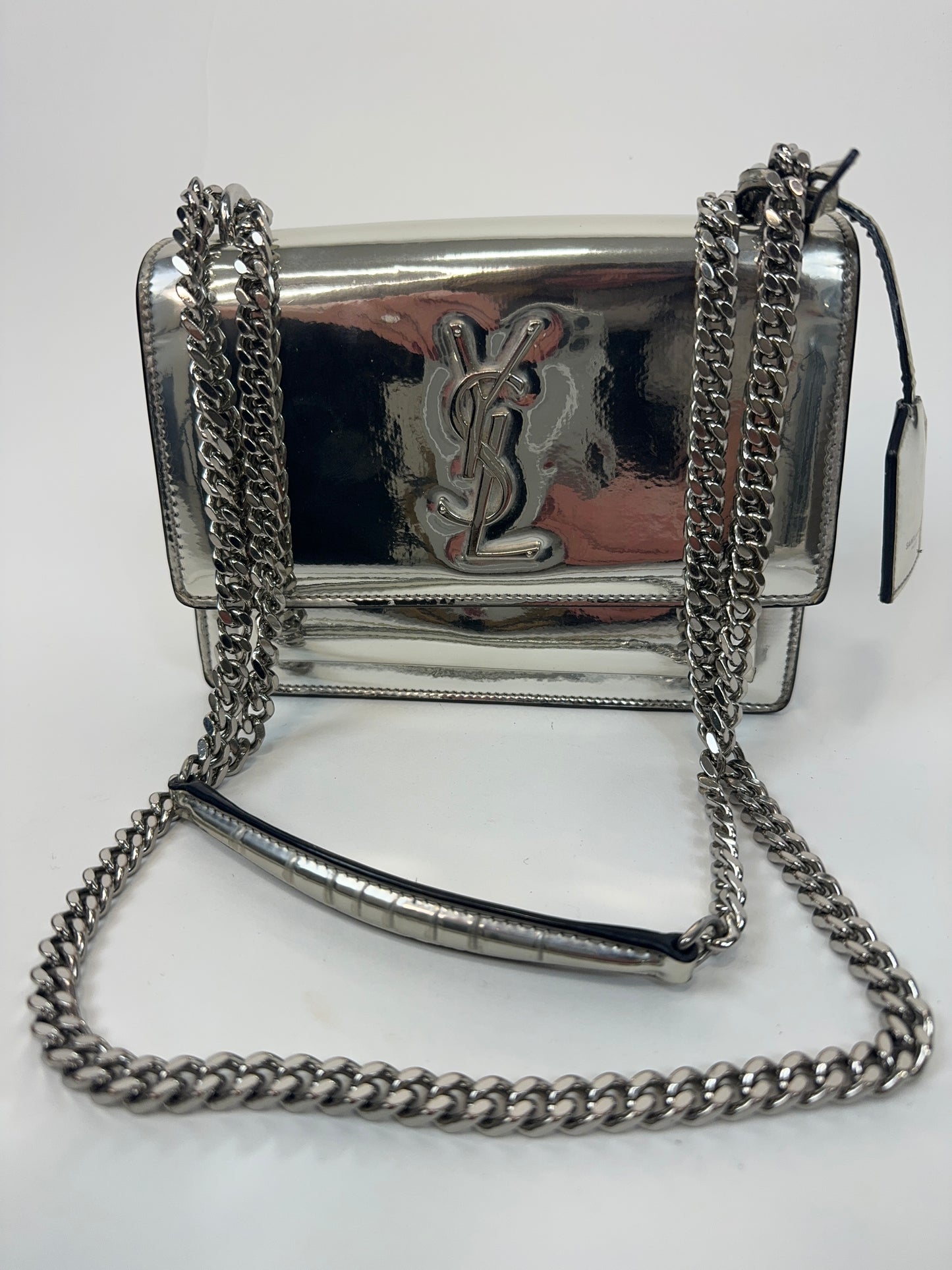 SAINT LAURENT PARIS Sunset Small Shoulder Bag Silver Patent Leather