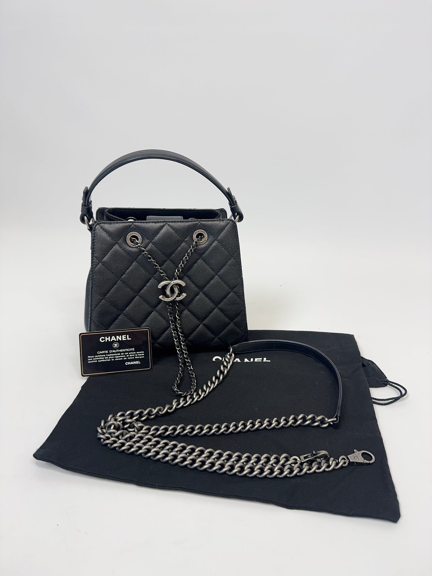 Chanel Small CC Bucket Bag – Black Caviar Leather & Silver Hardware