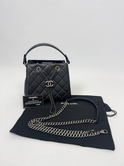 Chanel Small CC Bucket Bag – Black Caviar Leather & Silver Hardware