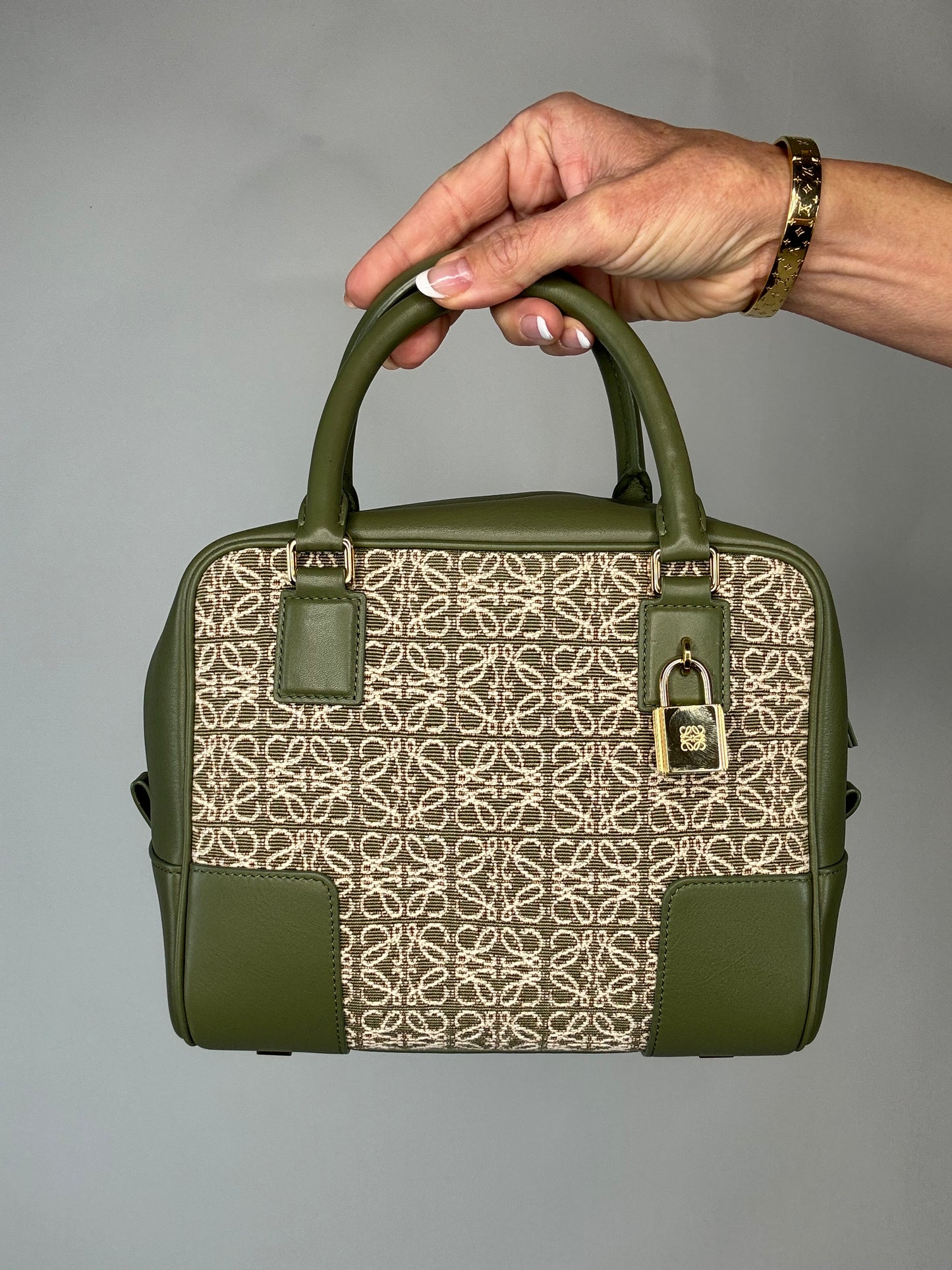 Loewe Amazona 19 Square Anagram Jacquard and Leather Top Handle Bag - Avocado Green