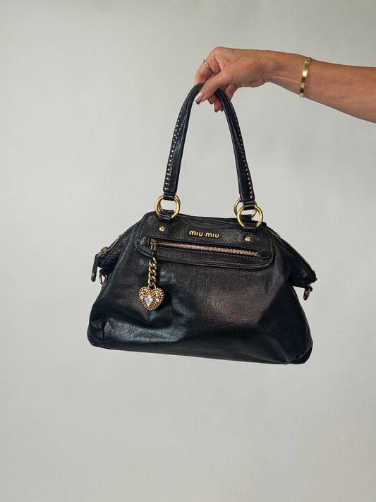 Miu Miu Archive Studded Heart Charm 2way Handbag- Black