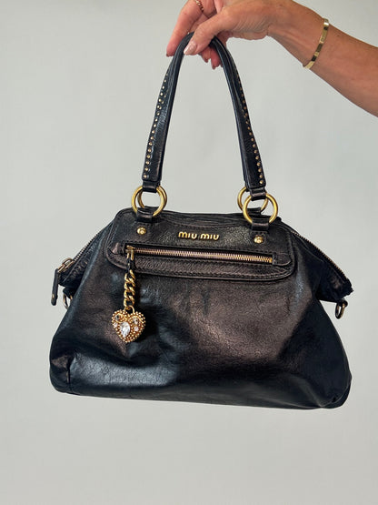 Miu Miu Archive Studded Heart Charm 2way Handbag- Black