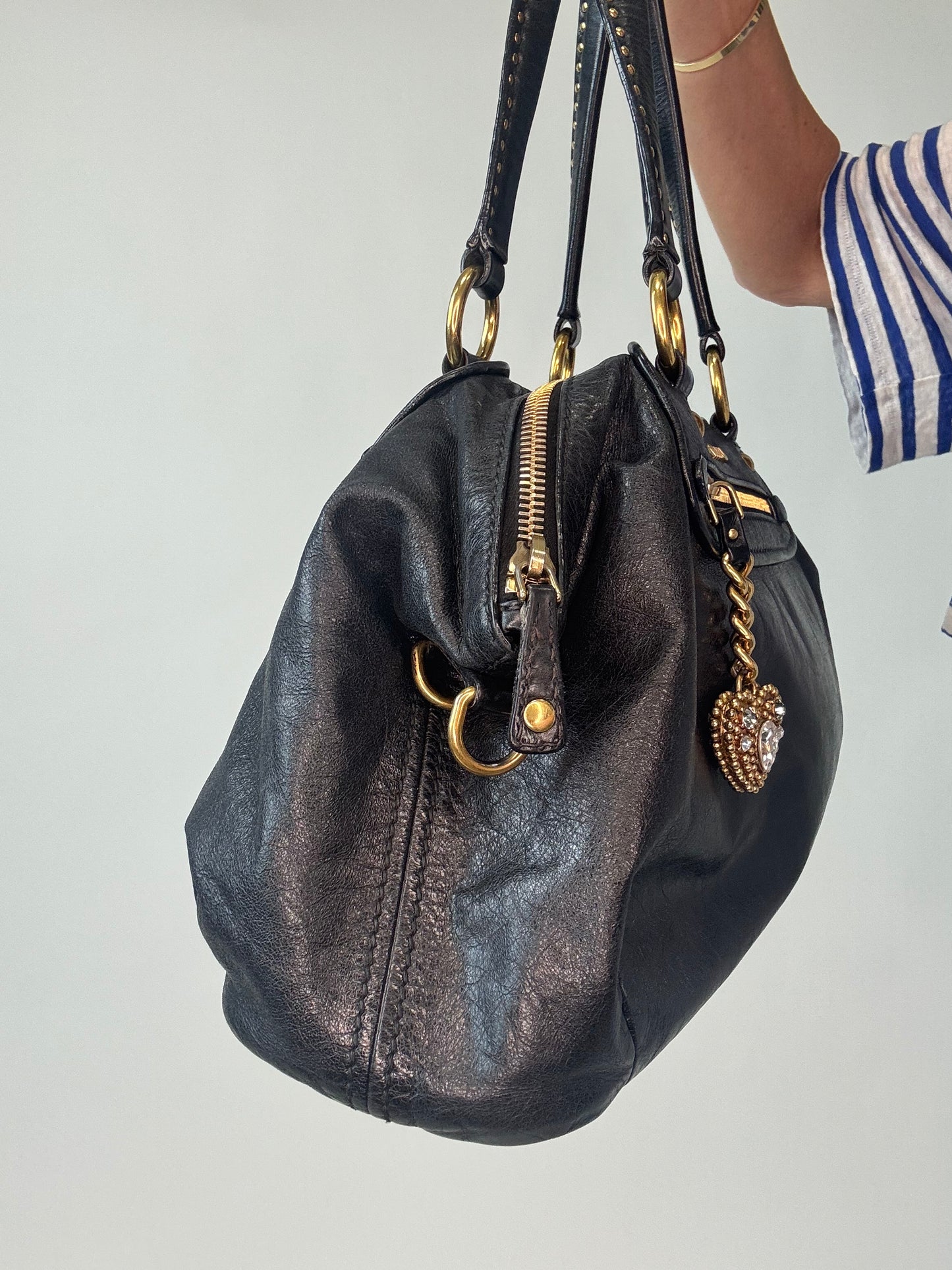 Miu Miu Archive Studded Heart Charm 2way Handbag- Black