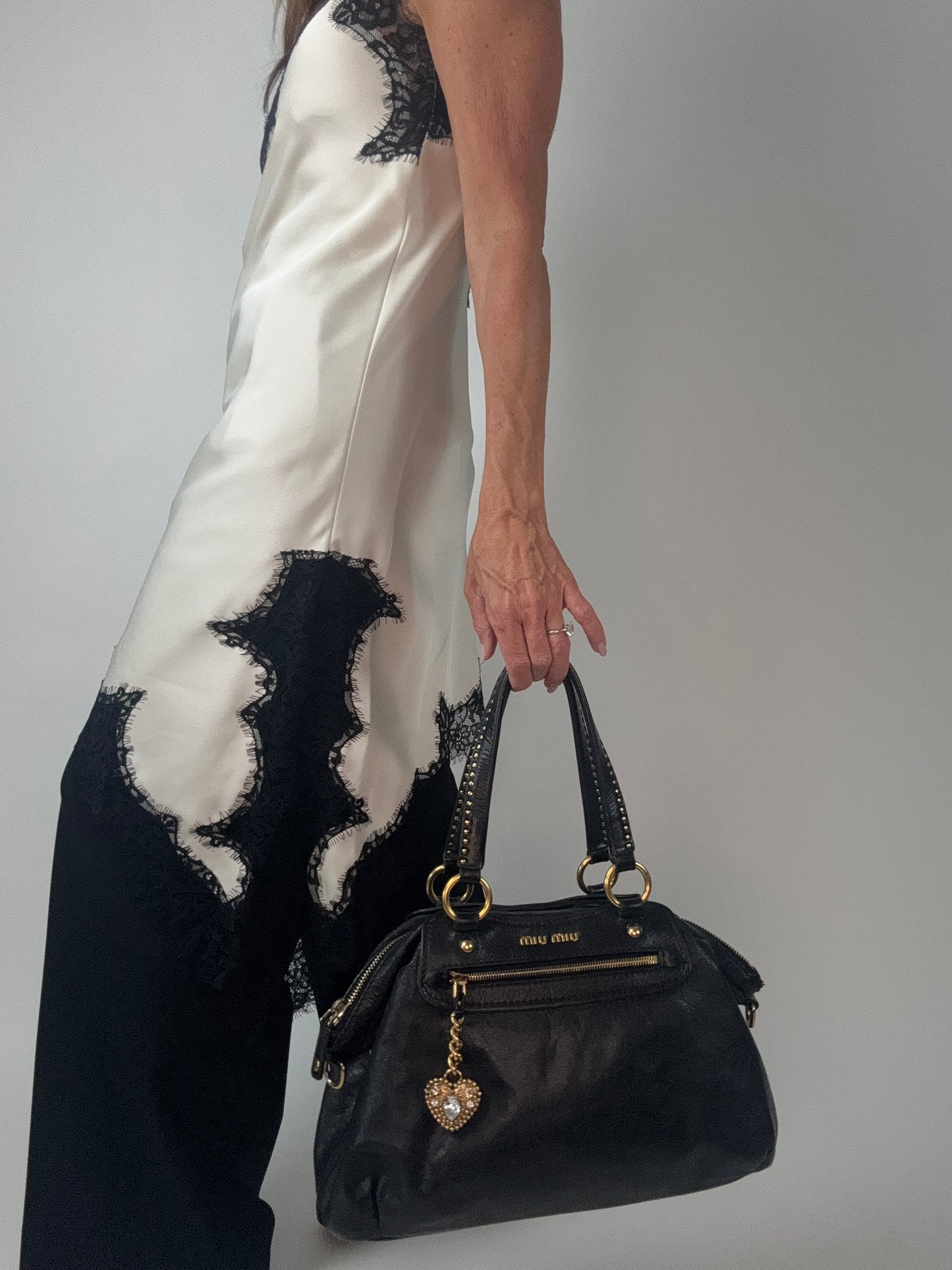 Miu Miu Archive Studded Heart Charm 2way Handbag- Black