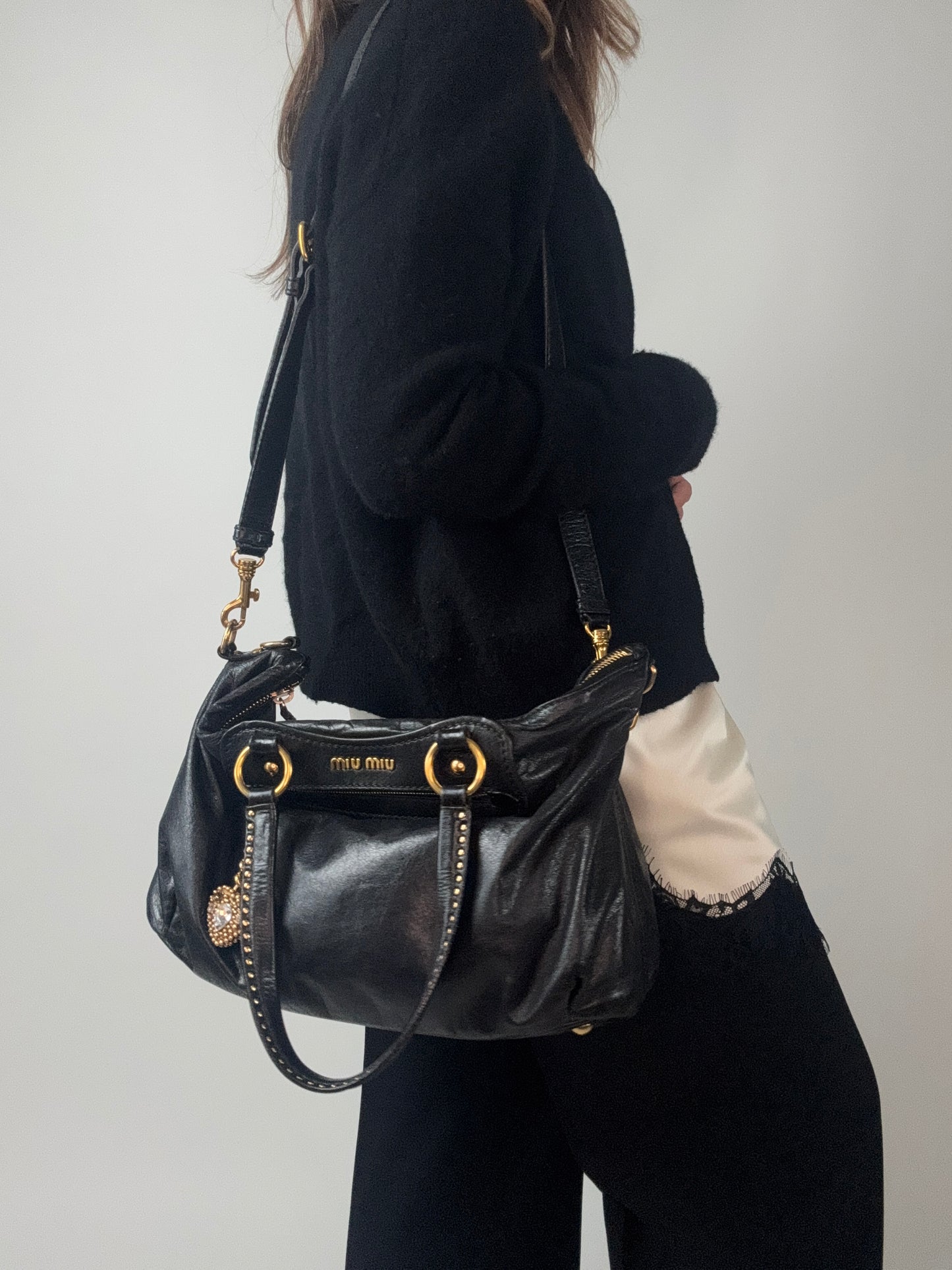 Miu Miu Archive Studded Heart Charm 2way Handbag- Black