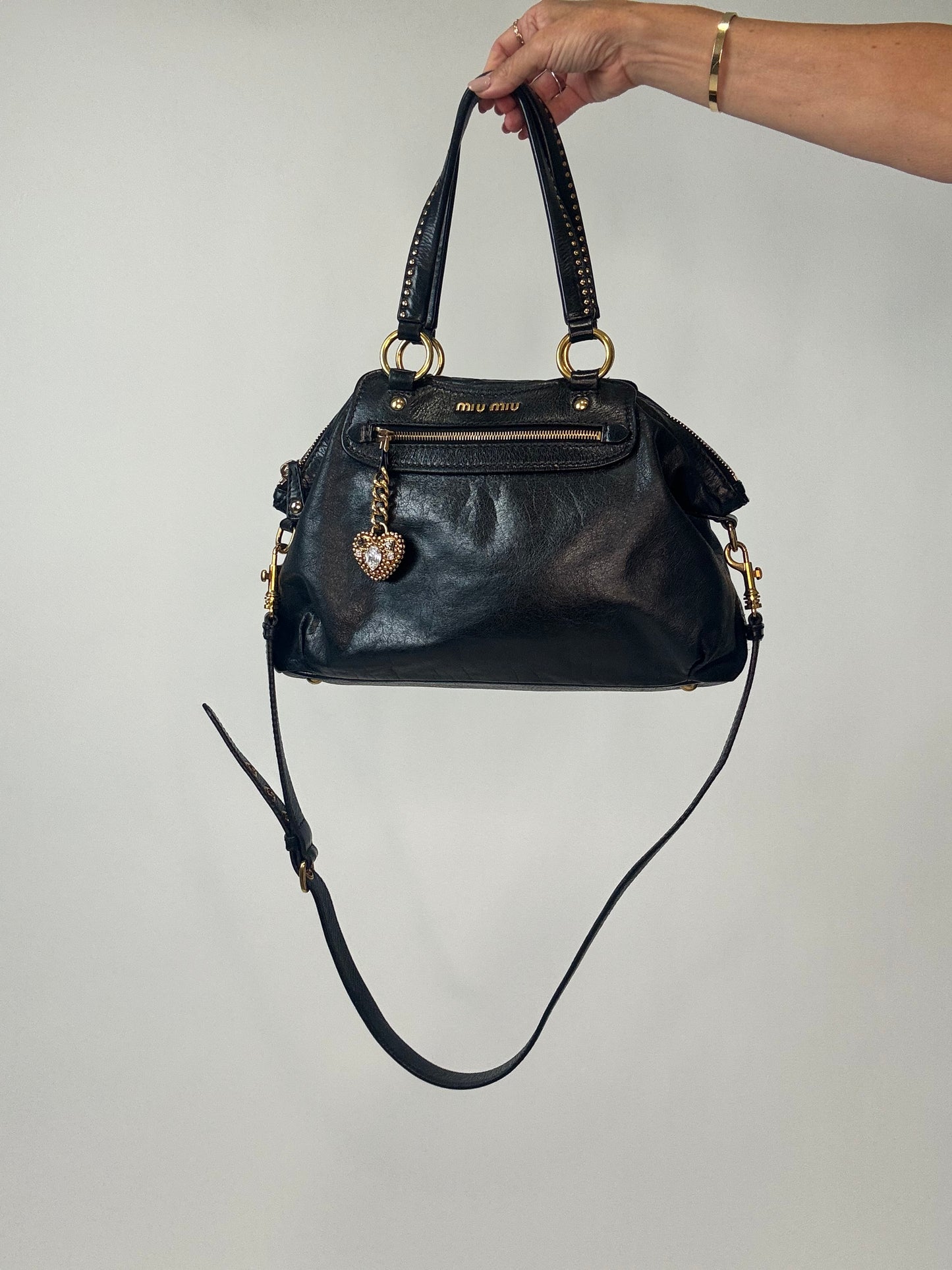 Miu Miu Archive Studded Heart Charm 2way Handbag- Black