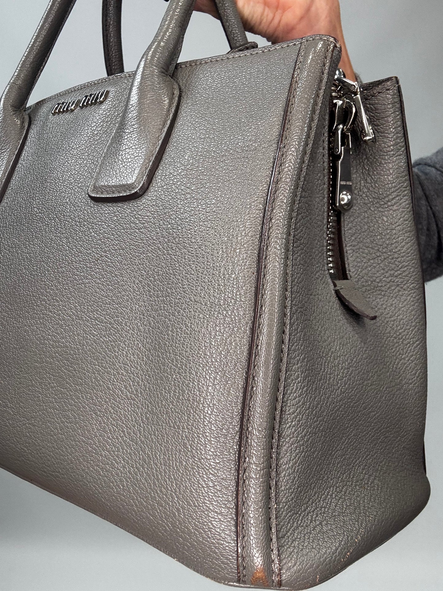 Miu Miu Leather Two Way Tote Bag - Gray