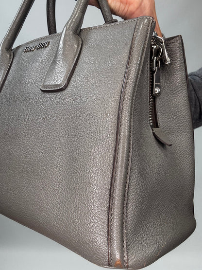 Miu Miu Leather Two Way Tote Bag - Gray