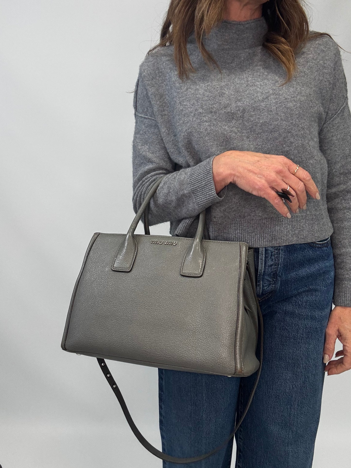 Miu Miu Leather Two Way Tote Bag - Gray