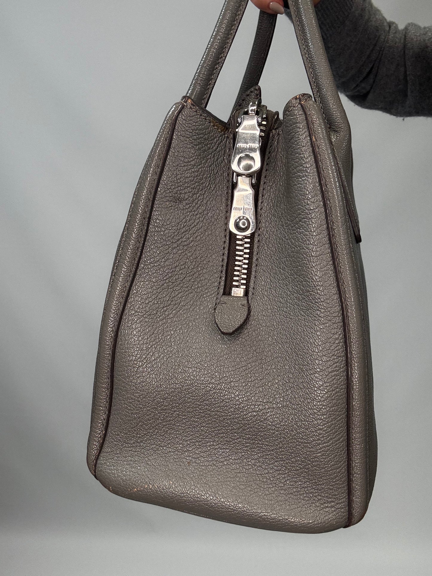 Miu Miu Leather Two Way Tote Bag - Gray