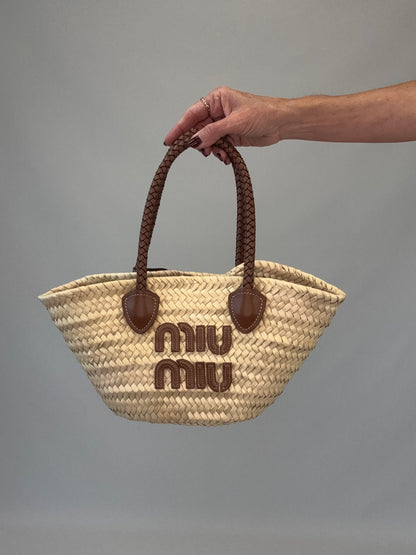 Miu Miu Logo Patch Raffia Tote Bag