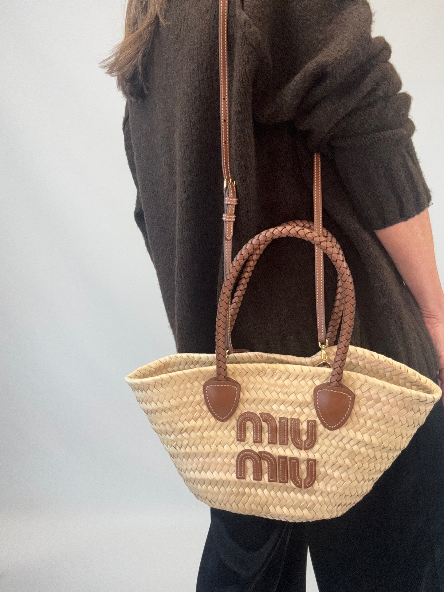 Miu Miu Logo Patch Raffia Tote Bag