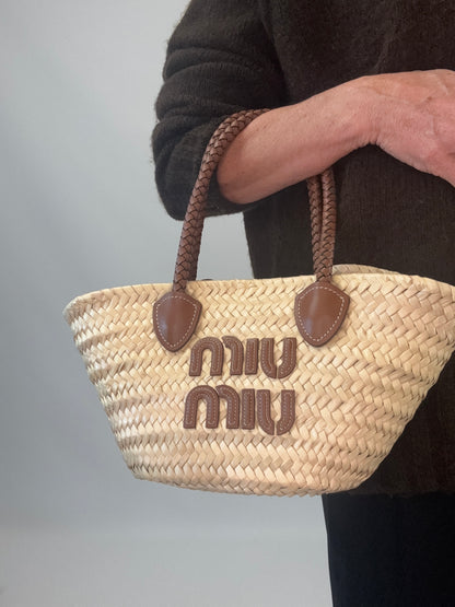 Miu Miu Logo Patch Raffia Tote Bag