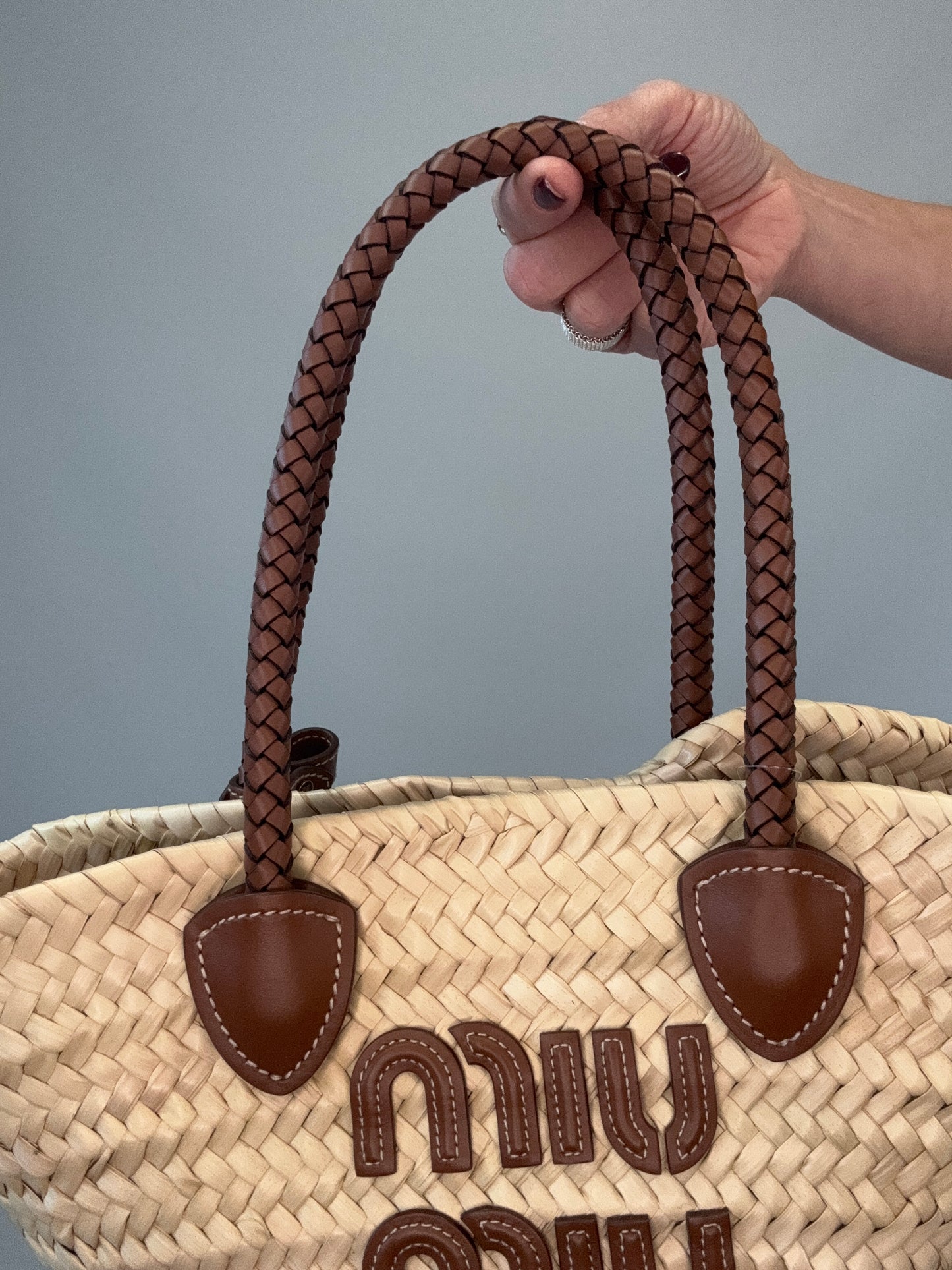 Miu Miu Logo Patch Raffia Tote Bag
